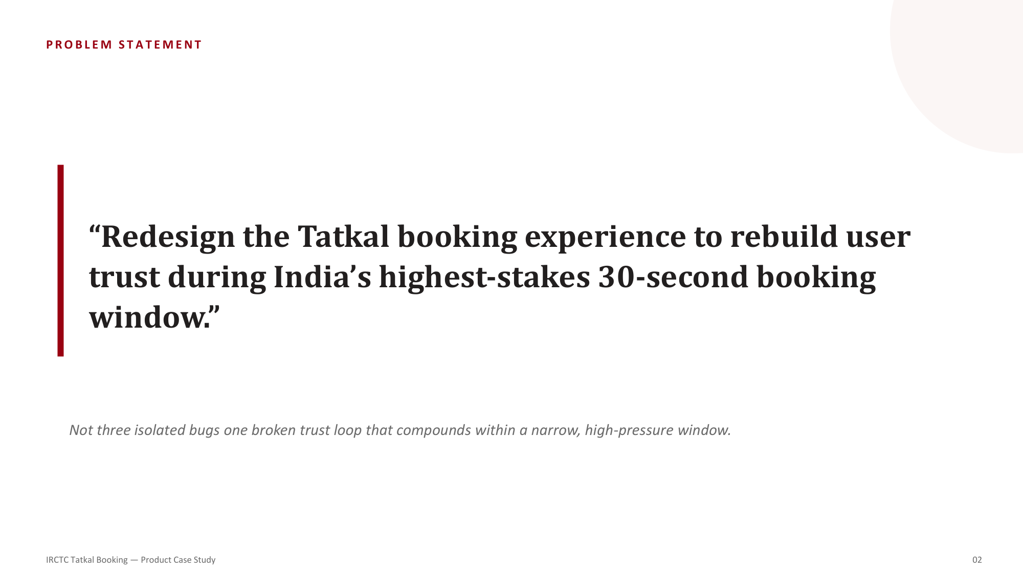 Problem Statement: Redesign the Tatkal booking experience to rebuild user trust